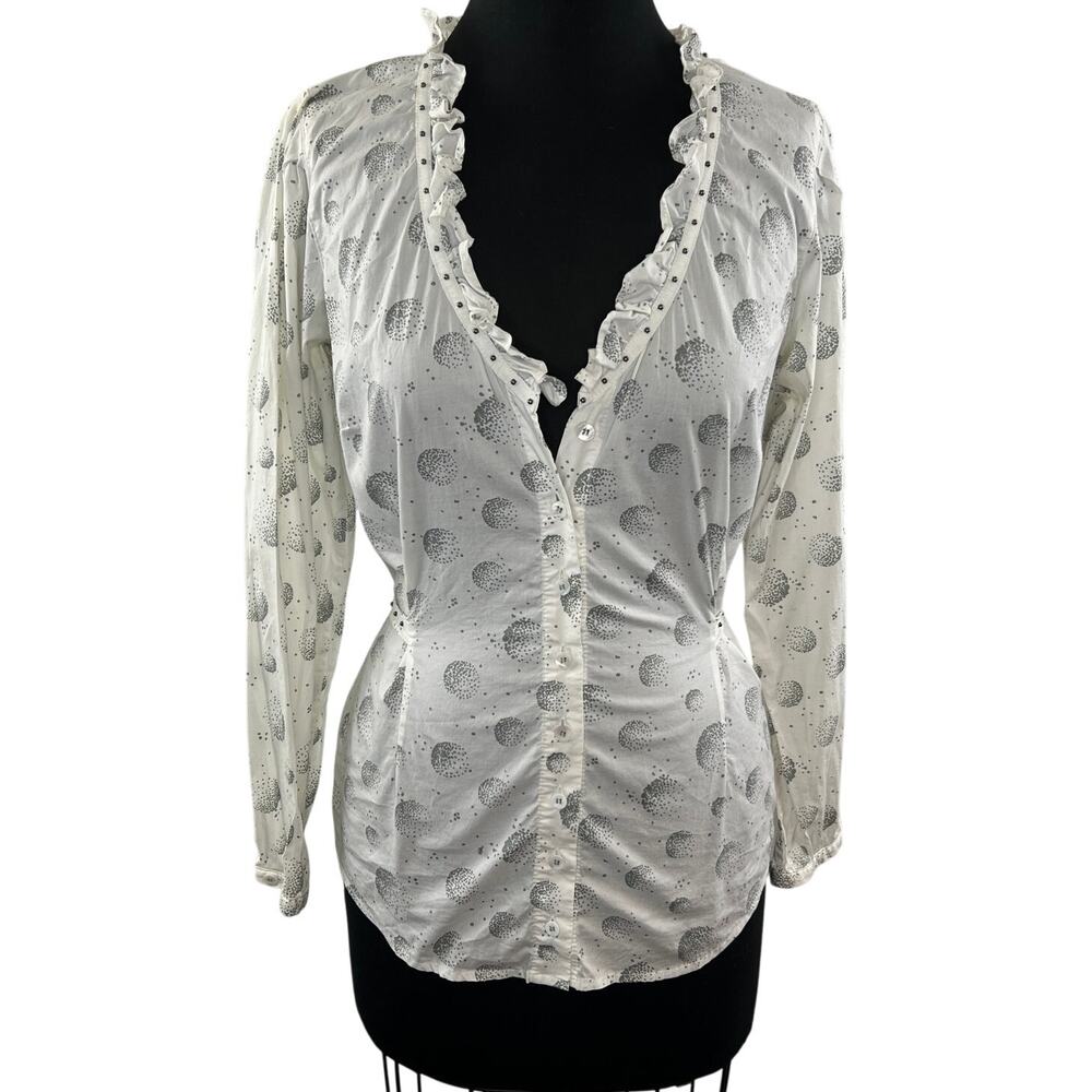 Made in Italy SINEFINE White Gray Button Down Cotton Tie Up Blouse IT 44